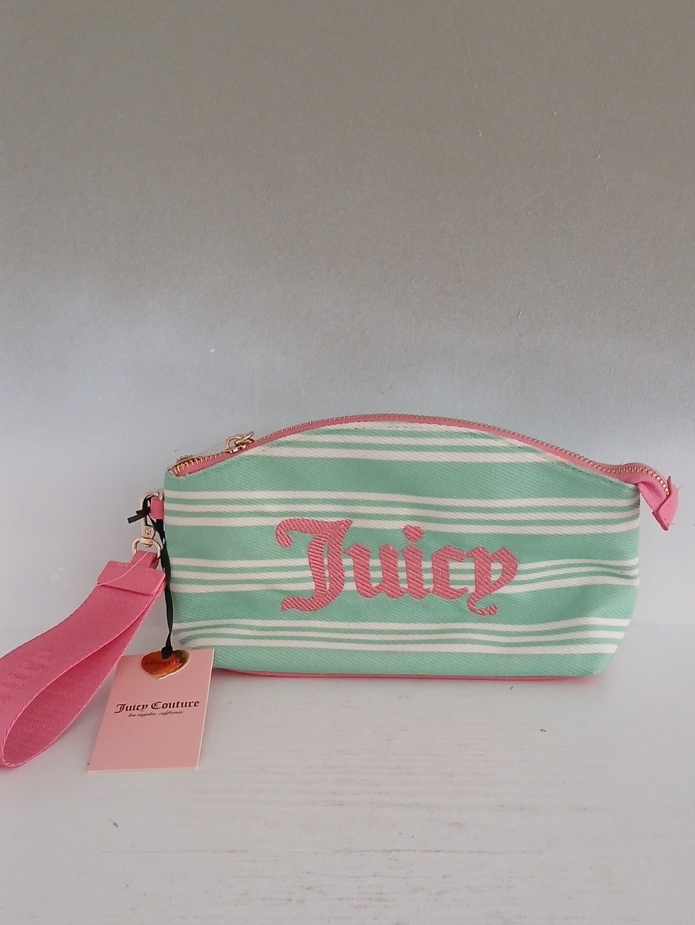 Juicy Couture Mint Green & Pink Striped Wristlet Pouch